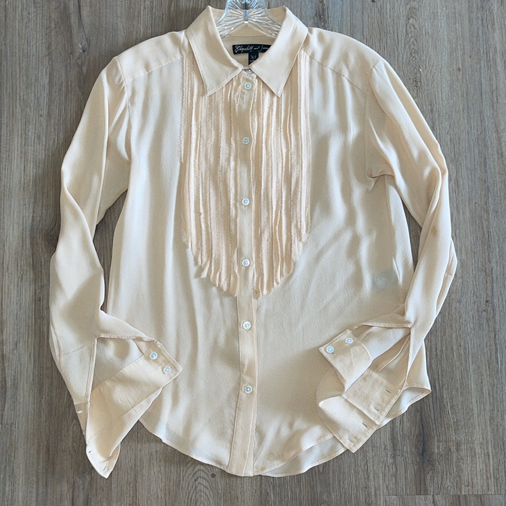 Elizabeth and James long sleeve semi sheer blouse in peach/nude silk with pleats